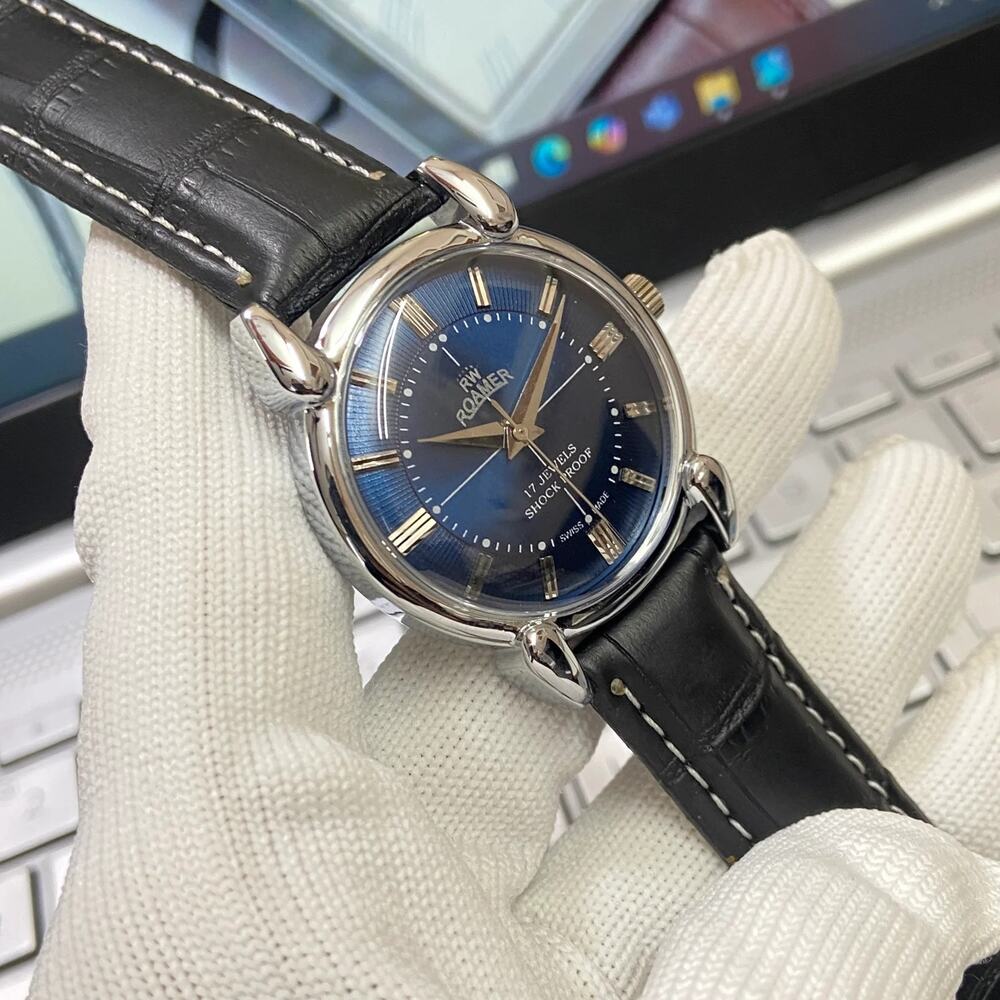 Vintage 1979 Roamer Manual Mens Silver Watch W/Leather Strap & Blue accents